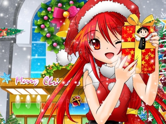 Девушка аниме с новогодним подарком