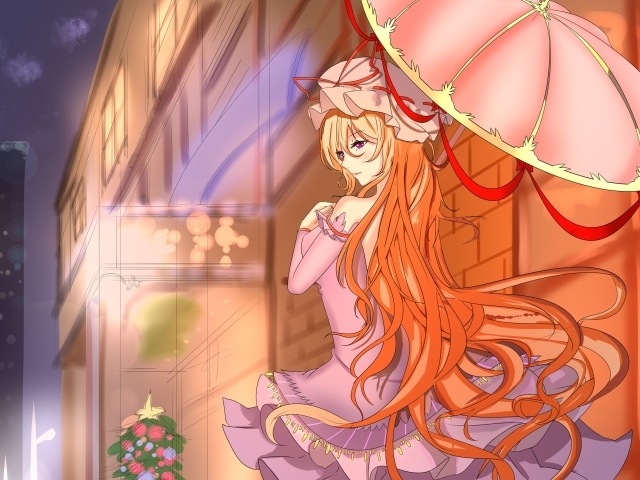 Девушка с рыжими волосами под розовым зонтом аниме 