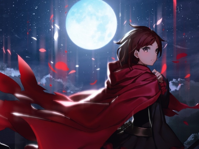 Руби Роуз на фоне полной луны аниме RWBY 
