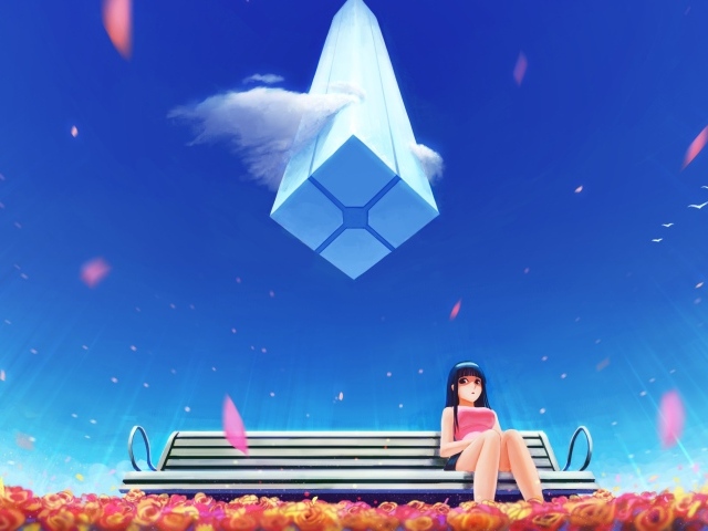 Девушка аниме на фоне голубого неба  