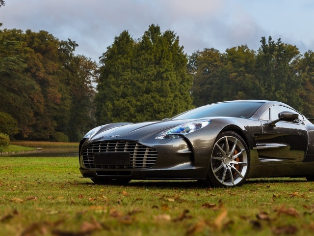 Спортивный автомобиль Aston Martin one-77 стоит на газоне