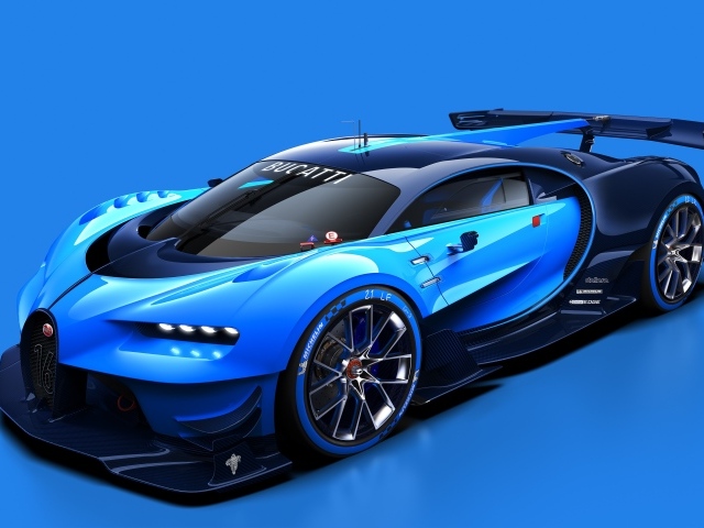 Синий спортивный автомобиль  Bugatti Vision Gran Turismo на синем фоне