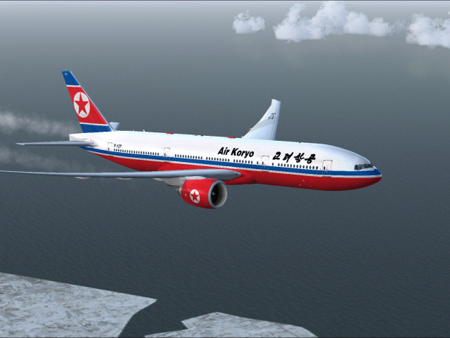 Пассажирский самолет  Boeing 777-200LR авиакомпании Air Koryo летит над океаном 
