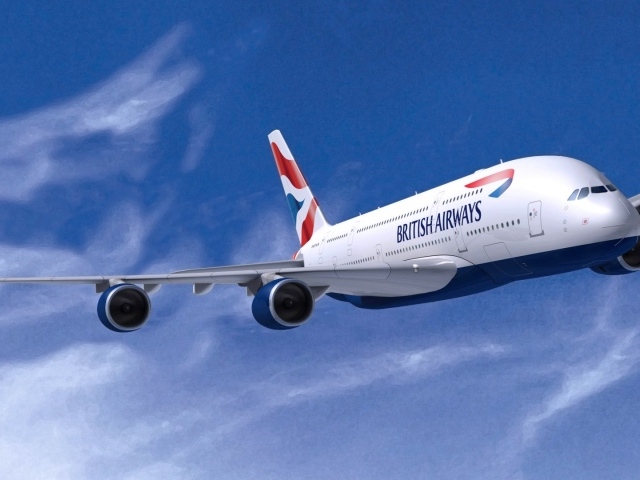 Airbus A380 авиакомпании British Airways на фоне голубого неба