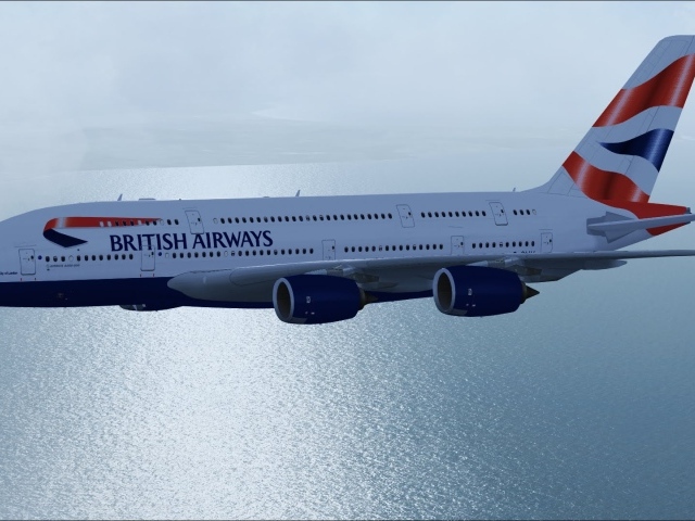 Самолет Airbus A380 British Airways летит над океаном 