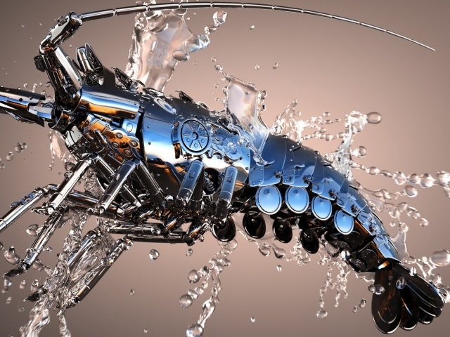 Механический рак в каплях воды 