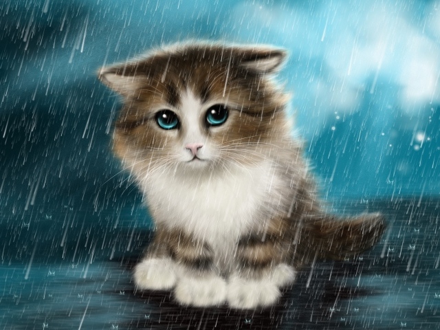 Маленький грустный нарисованный котенок под дождем