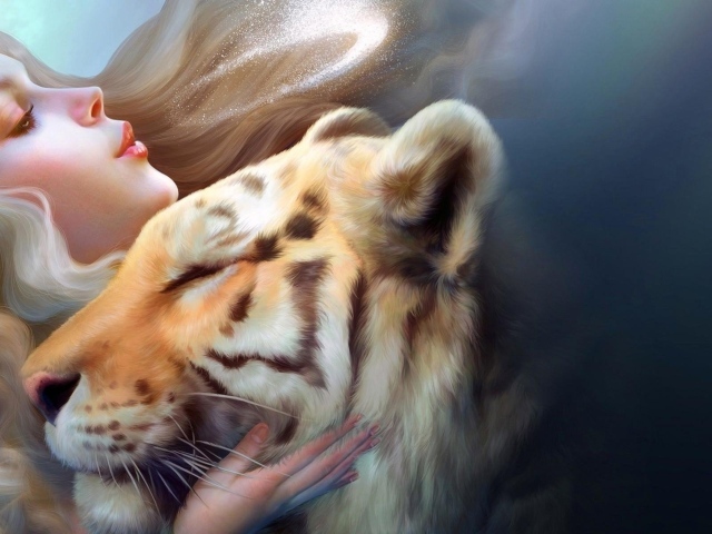 Красивая молодая девушка с тигром