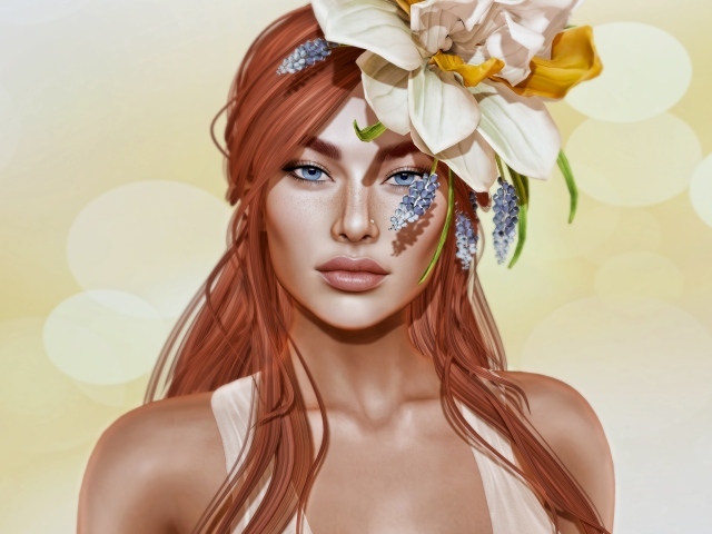 Нарисованная рыжеволосая девушка с большим цветком в волосах