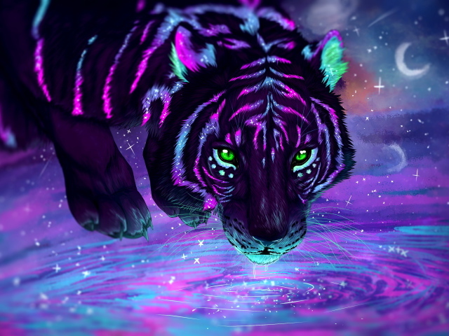 Фантастический неоновый тигр с зелеными глазами у водопоя