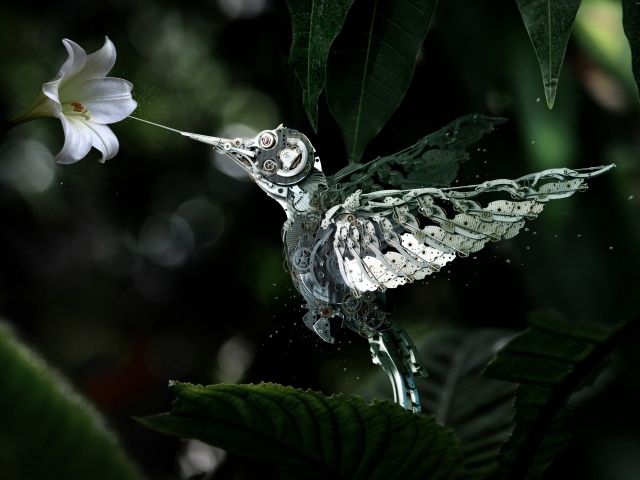 Механическая птица колибри собирает нектар с цветка,  стимпанк