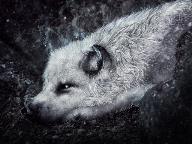 Фантастический волк лежит на земле