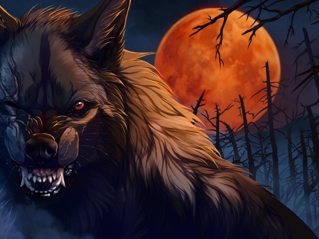 Волк оборотень на фоне большой красной луны фэнтези