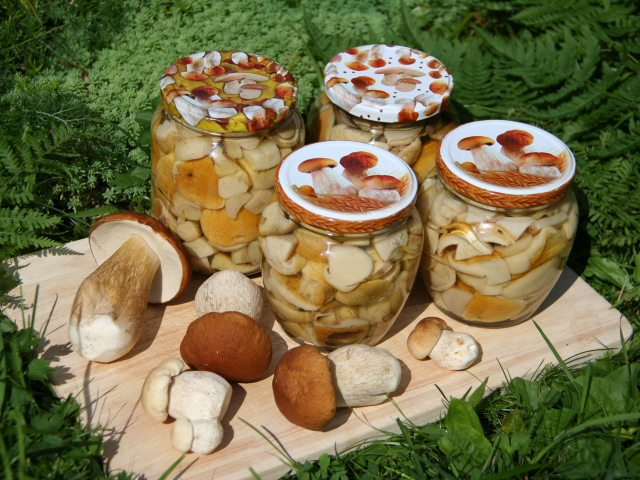 Консервированные грибы в банках на разделочной доске со свежими