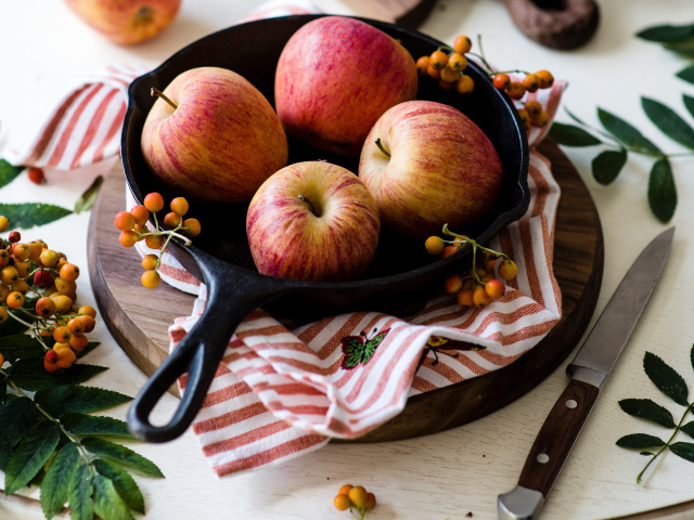Красивые красные яблоки на сковороде с ягодами рябины