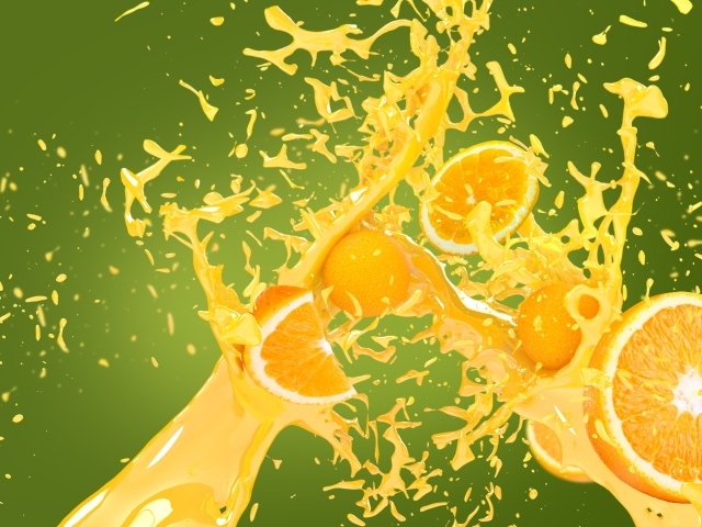 Кусочки апельсина в брызгах сока на зеленом фоне