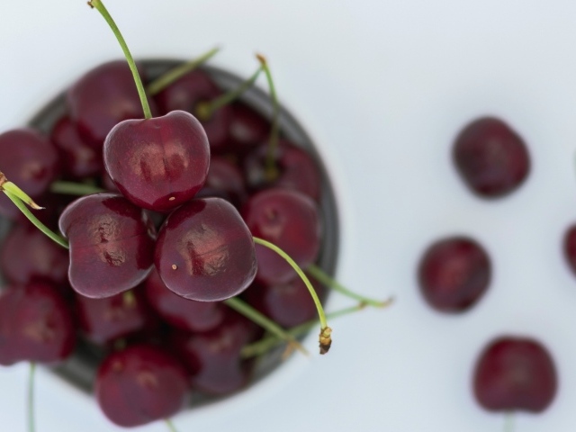 Спелые красные черешни лежат на столе