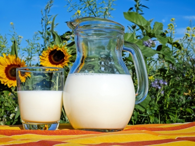 Стеклянный кувшин свежего молока со стаканом на столе