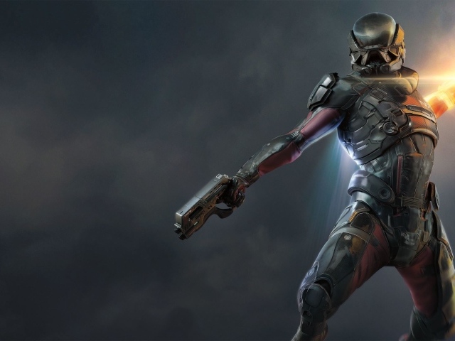 Персонаж игры Mass Effect Andromeda с оружием 