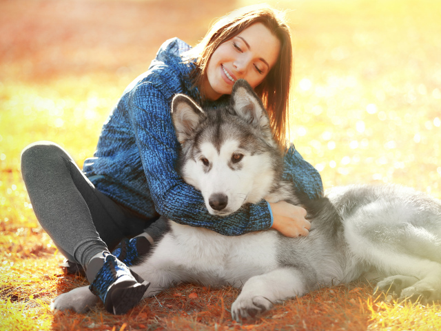 Красивая девушка брюнетка сидит на земле с собакой породы хаски