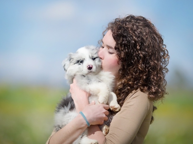 Красивая девушка брюнетка со щенком 