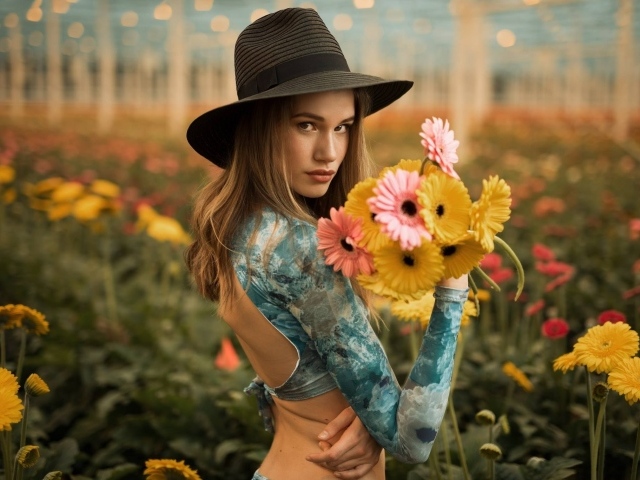 Молодая девушка с букетом гербер в руках 