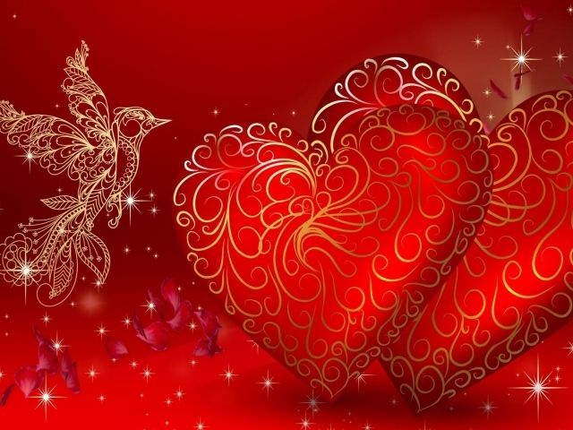 Два сердца и волшебная птица открытка на День Влюбленных 