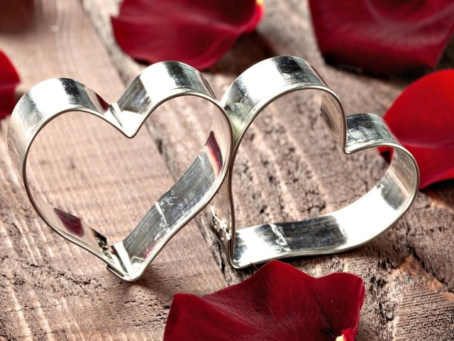 Два серебряных сердца в лепестках красной розы 