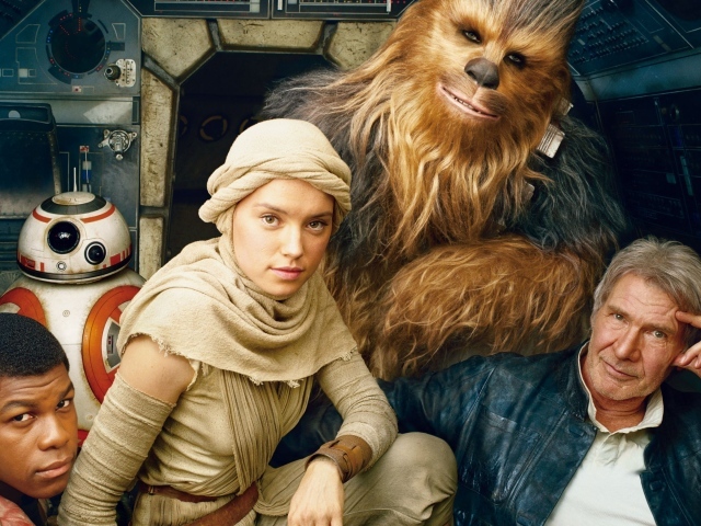 BB-8, Чубакка, Хан Соло, Рей, Финн персонажи фильма Звёздные войны. Эпизод VII Пробуждение Силы 