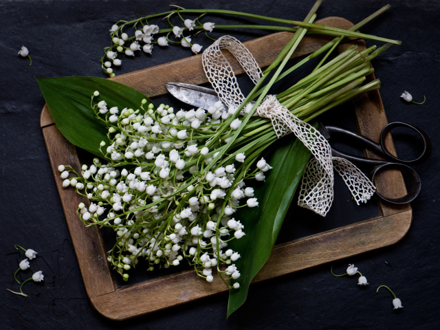 Букет белых ландышей с ножницами на столе