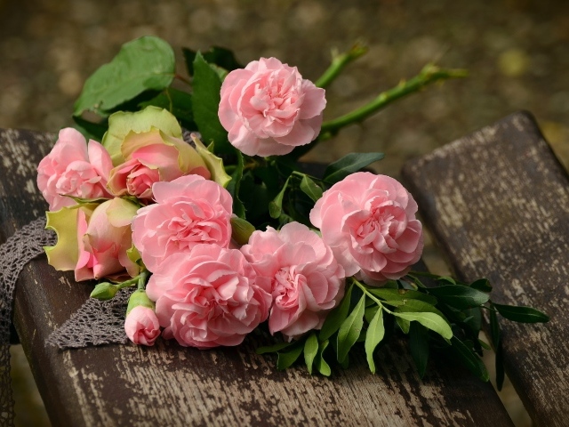 Букет нежно розовых роз на скамейке 