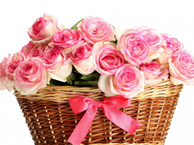 Букет розовых роз в корзине на белом фоне