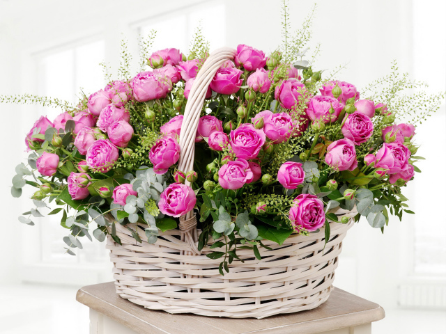 Большая корзина розовых роз на белом фоне
