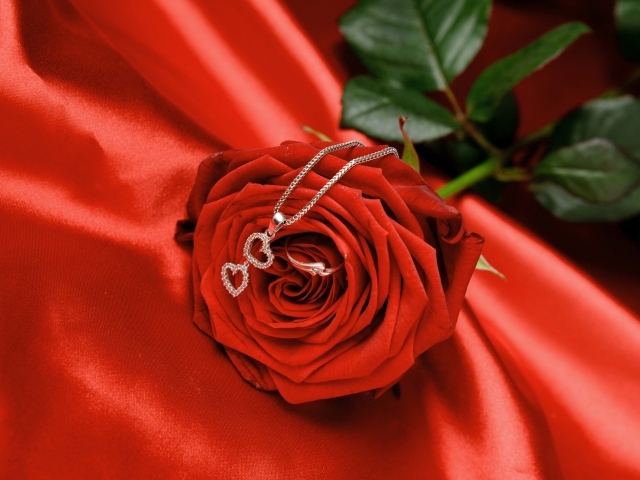Красная роза с серебряным кулоном с сердечками