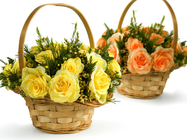 Две корзины с желтыми и оранжевыми розами на белом фоне