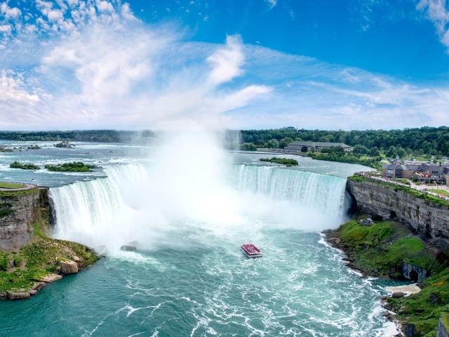Красивый бушующий  Ниагарский водопад под голубым небом
