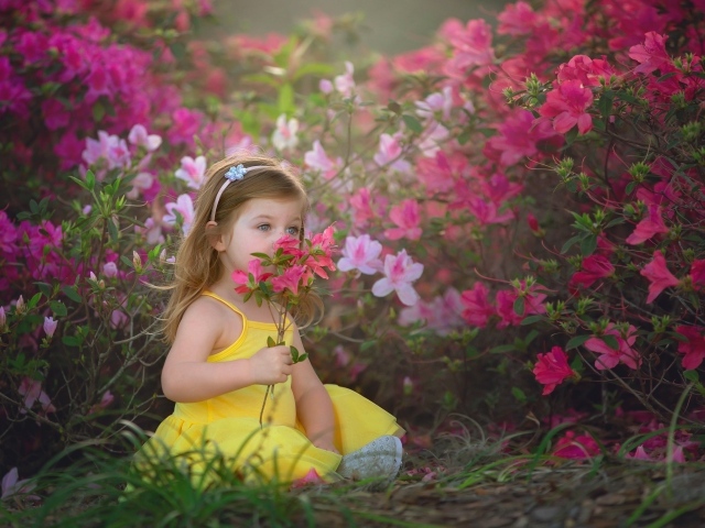 Маленькая девочка в желтом платье сидит рядом с розовыми цветами