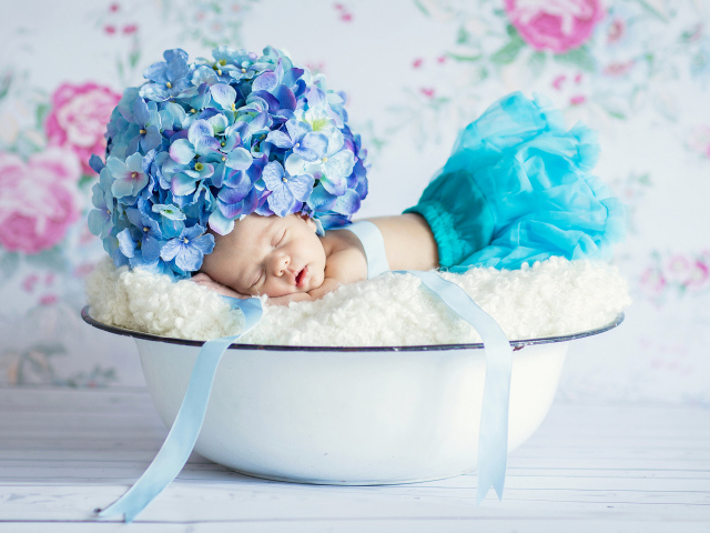 Маленький грудной ребенок спит в миске с шапкой из цветов гортензии на голове