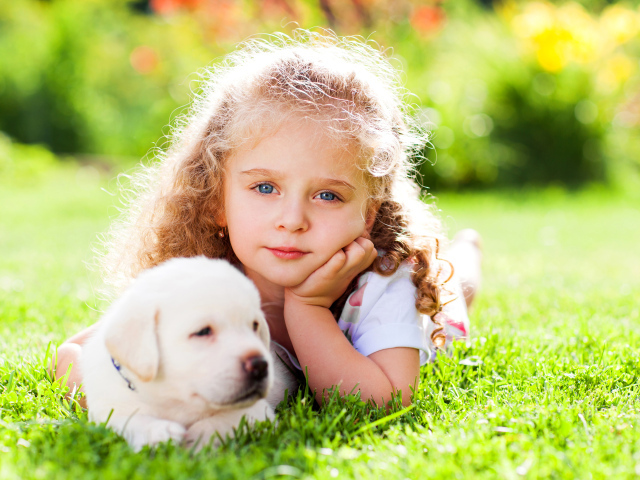 Маленькая голубоглазая девочка с щенком золотистого ретривера лежит на зеленой траве