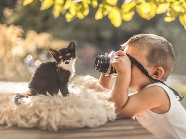 Маленький мальчик фотографирует котенка