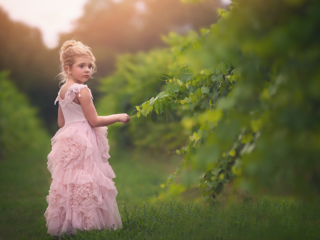 Маленькая девочка в красивом розовом платье стоит на зеленой траве