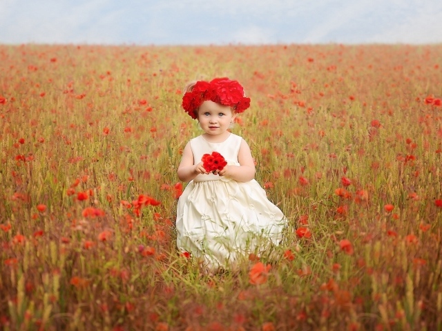 Маленькая девочка в поле красных маков 