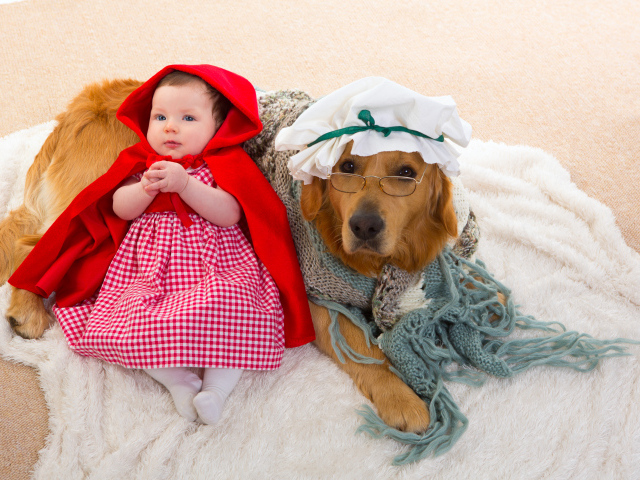 Маленькая девочка в костюме красной шапочки с большой собакой