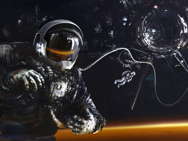 Астронавт и космический корабль над поверхностью Марса