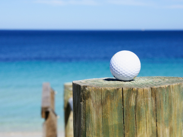 Белый мячик для гольфа лежит на бревне крупным планом