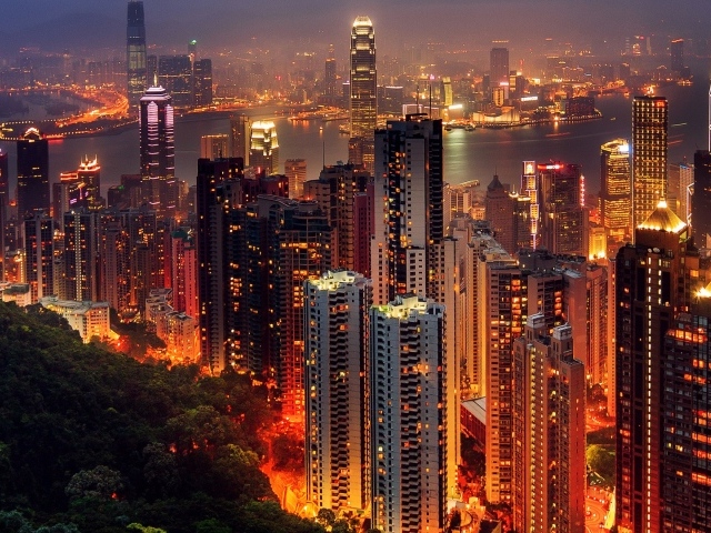 Вид на ночной Гонконг, Китай 