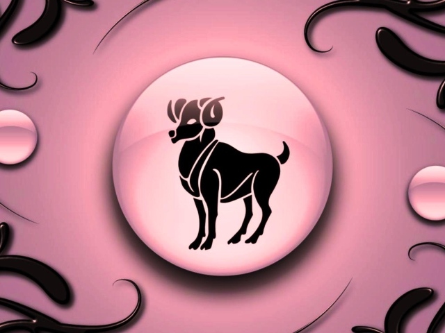 Знак зодиака Овен на  розовом фоне с чёрным орнаментом 