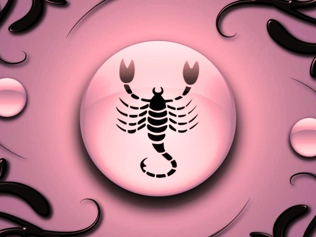 Знак зодиака Скорпион на  розовом фоне с чёрным орнаментом 