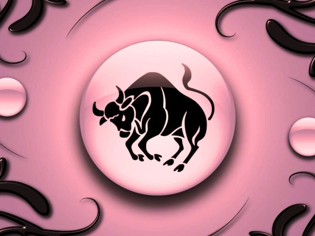 Знак зодиака Телец  на  розовом фоне с чёрным орнаментом 