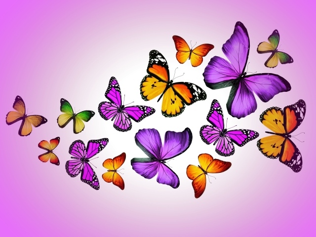 Много разноцветных бабочек на сиреневом фоне, 3д графика